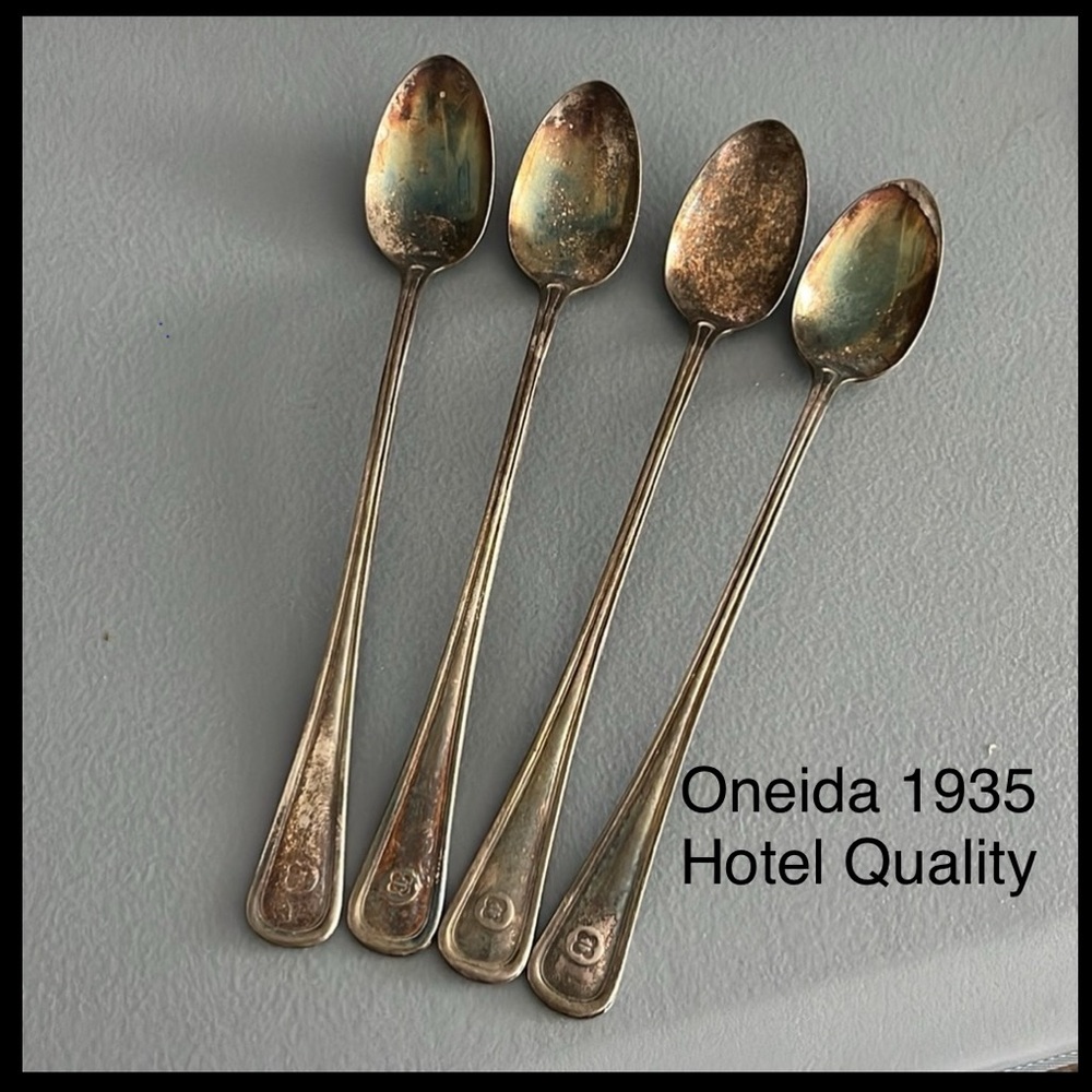 🇺🇸 Vintage Oneida LTD Hotel Plate Silver Plated Teaspoons Set 4 Tarnished Patina